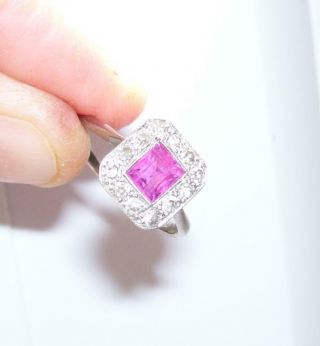 Antique Victorian Solid 18ct White Gold Square Cut Ruby 12 Diamond Ring Uk M