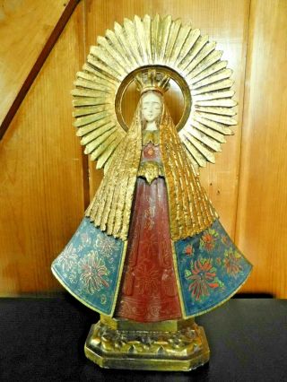 Vtg.  Artist Signed Mexican Hand Painted Carved Madonna Virgin Mary Wood Statue /