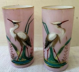 Pair Antique 19th C.  Cased Glass Vases Enameled Hand Painted Egrets Cranes Birds