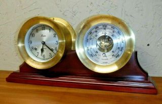 Vtg Chelsea Boston 5 1/2 " Brass Ship Bell Mantle Clock & Barometer Set