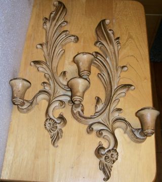 2 Syroco Wood Hollywood Regency 2 Candle Wall Sconces Antique White /gold - 16 "