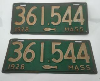 Vintage 1928 Massachusetts License Plate Yom Pair Cod Fish