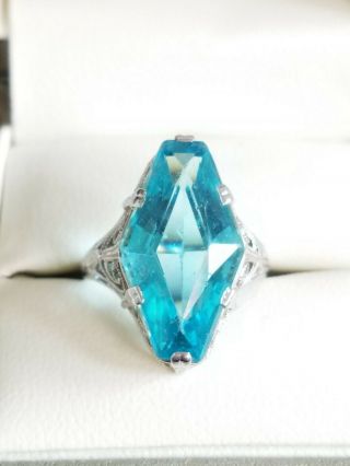 STUNNING ART DECO 1920s NEON BLUE 10K WG FILIGREE RING GATSBY ERA COND 12