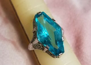 Stunning Art Deco 1920s Neon Blue 10k Wg Filigree Ring Gatsby Era Cond