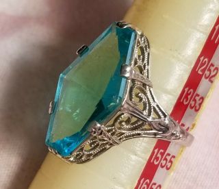 STUNNING ART DECO 1920s NEON BLUE 10K WG FILIGREE RING GATSBY ERA COND 3