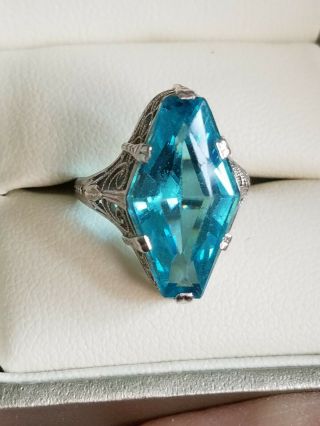 STUNNING ART DECO 1920s NEON BLUE 10K WG FILIGREE RING GATSBY ERA COND 4