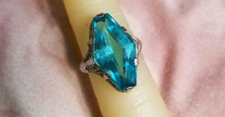 STUNNING ART DECO 1920s NEON BLUE 10K WG FILIGREE RING GATSBY ERA COND 7