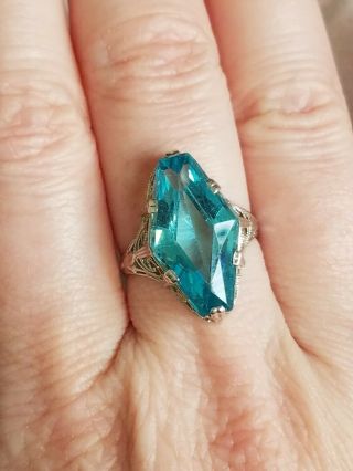 STUNNING ART DECO 1920s NEON BLUE 10K WG FILIGREE RING GATSBY ERA COND 8