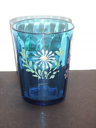 9 Ounce Paneled Blue Glass Tumbler W/ Hand Painted Enamel Floral Decoration