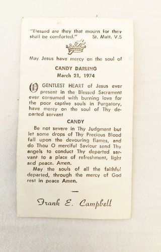 Candy Darling Funeral Prayer Card,  1974 Vintage Andy Warhol Muse 2