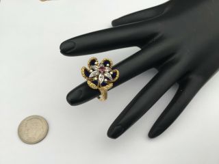 Antique 18K Yellow Gold,  Ruby And Diamonds Enameled Flower Ring Size 6.  5,  Heavy 2