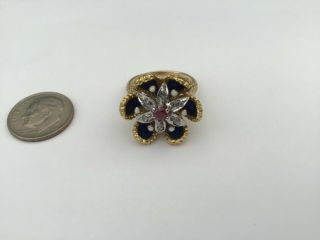 Antique 18K Yellow Gold,  Ruby And Diamonds Enameled Flower Ring Size 6.  5,  Heavy 3