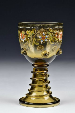 Theresienthal Bohemian Blown Art Glass Enamel Painted Goblet 2 3