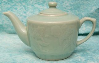 Vintage Chinese Celadon Tea Pot Self Pattern Of Fish Signed Square Blue Seal