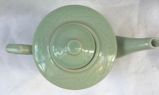 Vintage Chinese Celadon Tea Pot Self Pattern of Fish SIgned Square Blue Seal 2