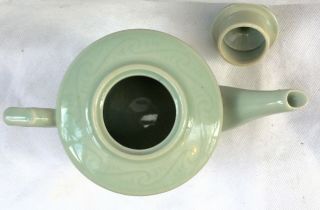 Vintage Chinese Celadon Tea Pot Self Pattern of Fish SIgned Square Blue Seal 3