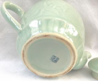 Vintage Chinese Celadon Tea Pot Self Pattern of Fish SIgned Square Blue Seal 4