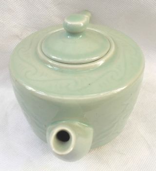 Vintage Chinese Celadon Tea Pot Self Pattern of Fish SIgned Square Blue Seal 6