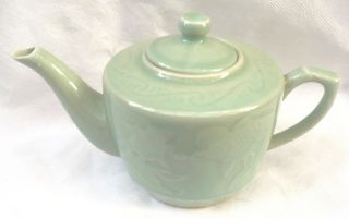 Vintage Chinese Celadon Tea Pot Self Pattern of Fish SIgned Square Blue Seal 7