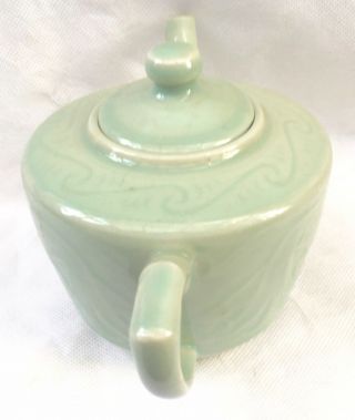 Vintage Chinese Celadon Tea Pot Self Pattern of Fish SIgned Square Blue Seal 8