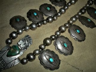 c.  1930 NAVAJO SQUASH BLOSSOM BEADS STERLING SILVER TURQUOISE WARRIOR CHIEF vafo 10
