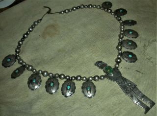 c.  1930 NAVAJO SQUASH BLOSSOM BEADS STERLING SILVER TURQUOISE WARRIOR CHIEF vafo 2