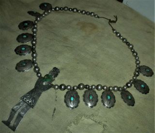 c.  1930 NAVAJO SQUASH BLOSSOM BEADS STERLING SILVER TURQUOISE WARRIOR CHIEF vafo 3