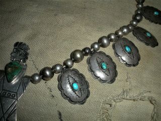 c.  1930 NAVAJO SQUASH BLOSSOM BEADS STERLING SILVER TURQUOISE WARRIOR CHIEF vafo 5