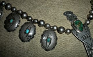 c.  1930 NAVAJO SQUASH BLOSSOM BEADS STERLING SILVER TURQUOISE WARRIOR CHIEF vafo 7