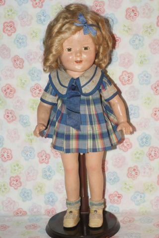 Gorgeous Vintage 16 " Tagged Shirley Temple Composition Blue Plaid Dress Doll