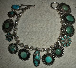 Vintage C1930 - 50 Navajo & Zuni Sterling Silver & Turquoise Charm Bracelet Vafo