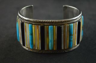 Vintage Sterling Silver Cuff Bracelet W Turquoise Onyx & White Enamel