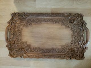 Vintage Hand Carved Folk Art Grape Vines Wood Tray Large 24 "