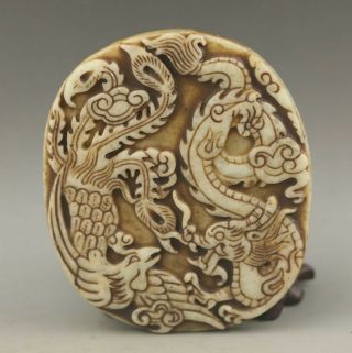 Chinese Old Natural Jade Hand - Carved Dragon Phenix Pendant 3.  5 Inch