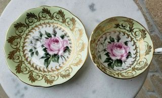 Wow 1850 Eb Foley Pale Green Gold Gilt Center White Pink Rose Tea Cup & Saucer