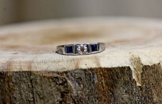 14 Kt White Gold Vintage Old Mine Diamond And Sapphire Band Ring Size 3.  5