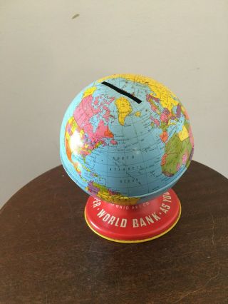 Vintage Tin Coin Bank World Bank.  The Ohio Art Co Usa