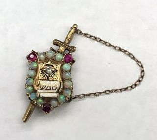 Antique 14k Gold Phi Delta Theta Fraternity Sword Diamond Opal & Ruby Pin Badge