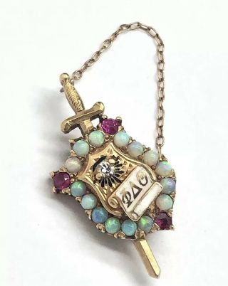 Antique 14k Gold Phi Delta Theta Fraternity Sword Diamond Opal & Ruby Pin Badge 9