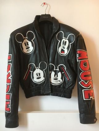 Epic Rare Vintage 80s Mickey Mouse Leather Patch Face Logo Bomber Jacket