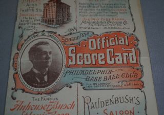 RARE ORIG.  1895 PHILADELPHIA PHILLIES BASEBALL PROGRAM SCORE CARD VS.  PITTSBURGH 2