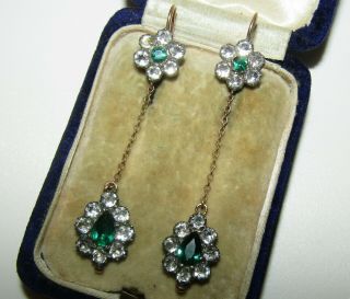 , Long,  Antique Georgian 9 Ct Gold Earrings With Clear & Emerald Paste
