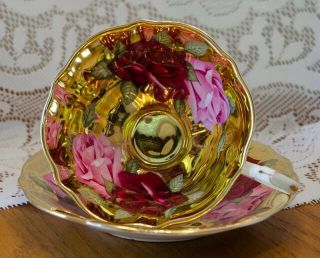 Stunning Queen Anne Cup & Saucer - Large Red &pink Roses Surrounded In Gold