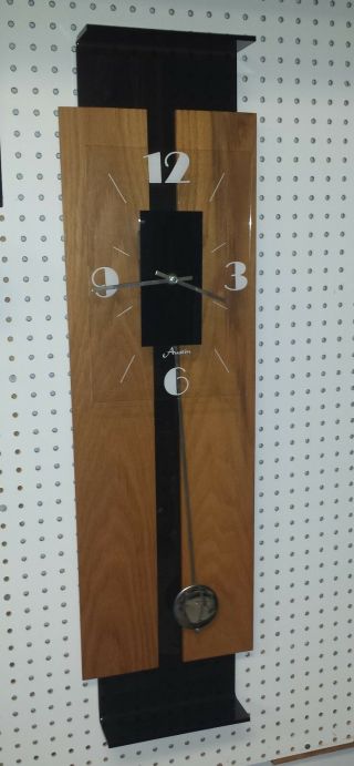 Vintage 1970s Modern Deco Acrylic & Wood Pendulum Wall Clock Austin Productions