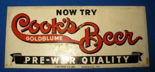 ANTIQUE COOK ' S BEER SIGN TIN OVER CARDBOARD GOLDBLUME PRE - WAR QUALITY EVANSVILLE 4