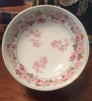 Antique German Porcelain Serving Bowl Pink Flowers Roses Gold Trimmed