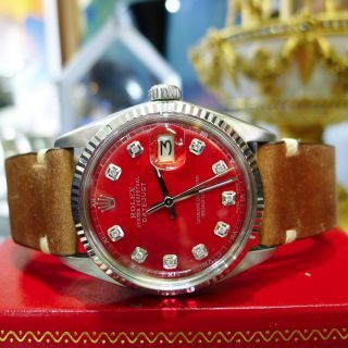 Mens Vintage Rolex Oyster Perpetual Datejust Steel Red Diamond Dial Watch
