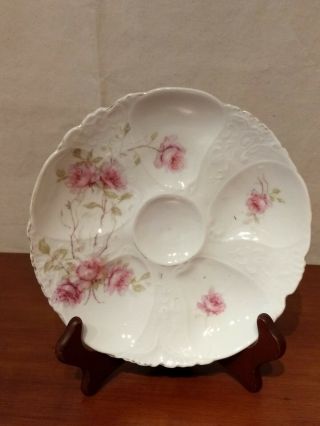Austria Hand Painted Pink Roses Floral Embossed 5 Slot Porcelain Oyster Plate