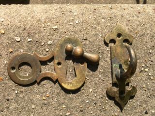 19th Century Small Brass Wall Hook & Brass Lock Escutcheon