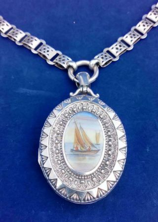 Antique Large Silver Enamelled Locket Sailing Yacht With Book Chain Hm 1908 - 09